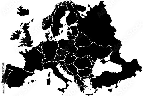 Vector detailed black and white map of europe with visible country borders and geographical outlines clearly defined