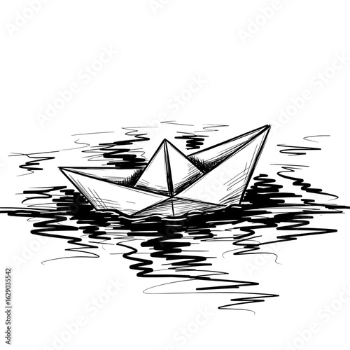 Paper boat floating on water with sketched ripples and reflections creating a peaceful illustration