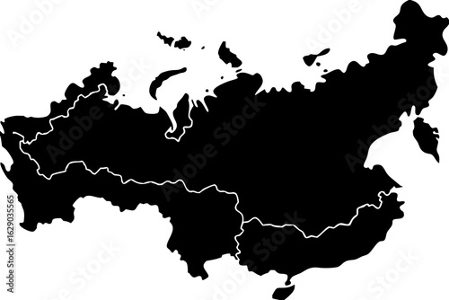 Vector detailed silhouette map of russia and surrounding countries in black and white vector illustration