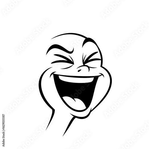Cartoon illustration of a laughing face with closed eyes and exaggerated features in line art form
