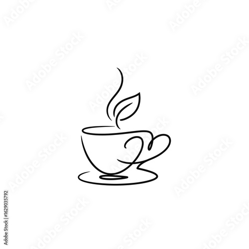 A simple line drawing of a teacup on a saucer, featuring a heart-shaped handle and a leaf in the steam.