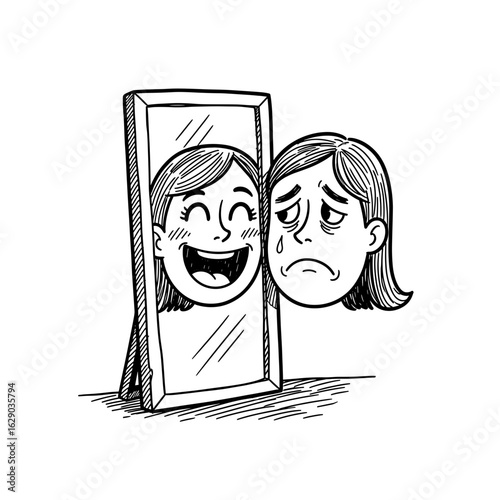 Drawing of a woman reflecting different emotions in a mirror showing happy and sad expressions exactly