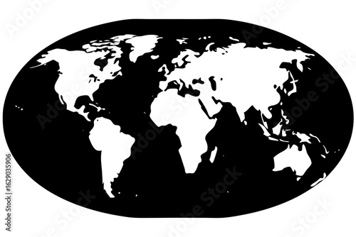 Vector world map in black and white showing continents in an oval shape against a dark background design element