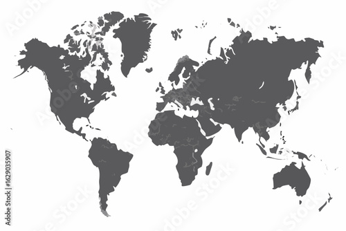 Vector world map illustration showing continents in gray on a white background with detailed coastlines and borders