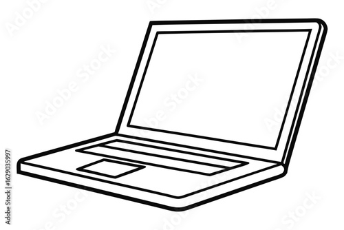 Isometric line art drawing of an open laptop computer on a white background technology device