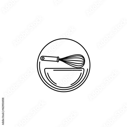 A minimalist line art illustration showing a whisk resting on a bowl, enclosed within a circle.