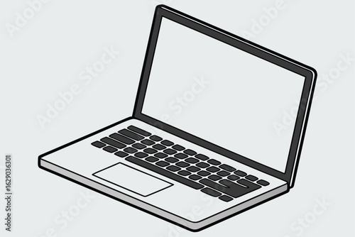 Isometric view of an open laptop computer with a blank screen technology device