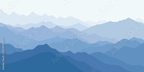 Vector illustration of mountains, ridge in the morning haze, panoramic view