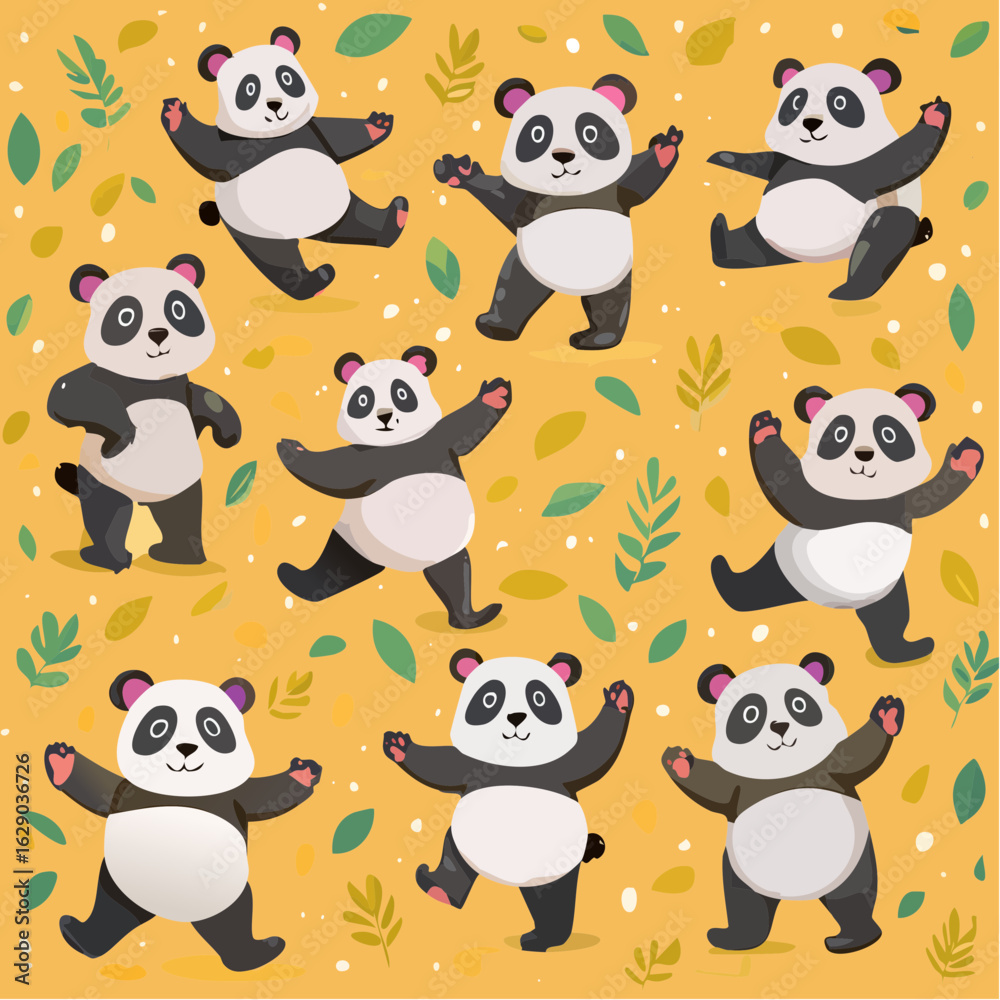 Obraz premium Vector pattern showing dancing pandas in various poses, vibrant and energetic design, yellow background, cartoon style