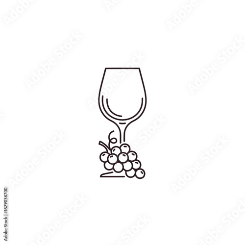 Elegant line art illustration of a wine glass with a cluster of grapes and a vine stem.