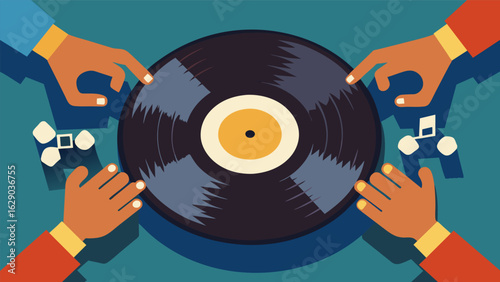 A closeup shot of a pair of hands meticulously arranging record pieces to complete a puzzle revealing a famous fictional singers signature. Vector illustration