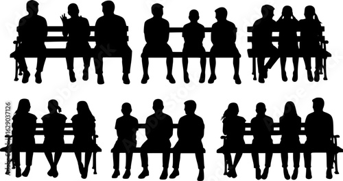 Vector silhouettes of a children and a teenagers sitting on a bench, a group of young people, black color on a white background
