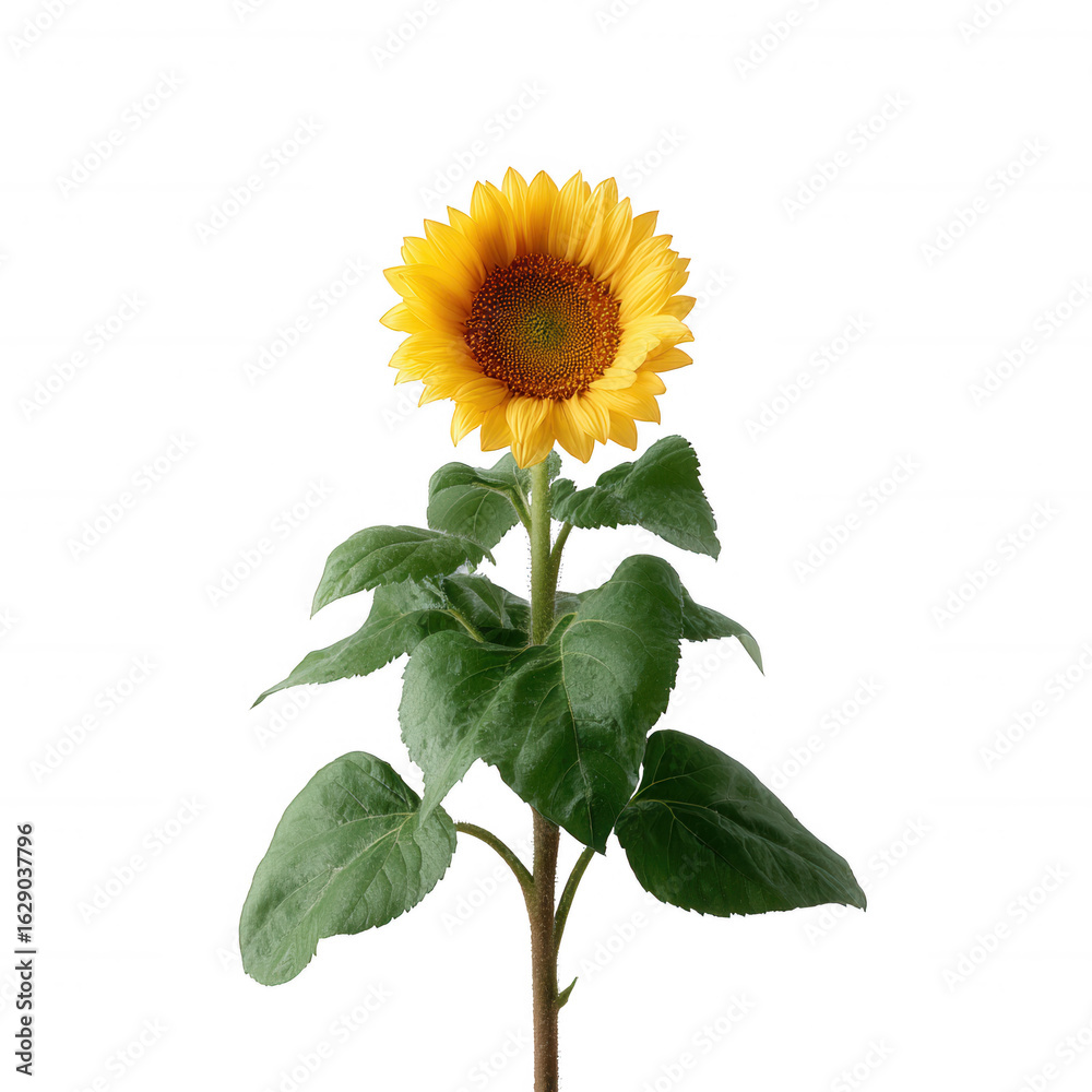 Obraz premium Lone sunflower with vibrant yellow petals and rich green leaves against a white isolated background, symbolizing warmth and happiness.