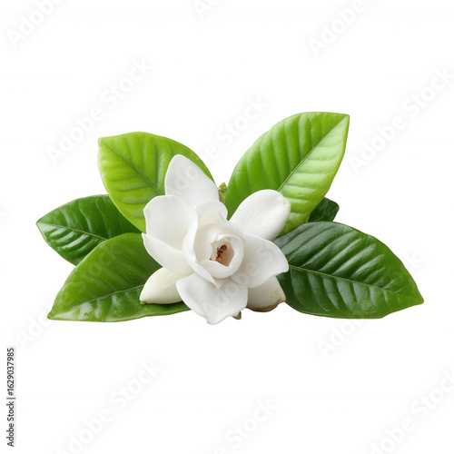 Magnolia flower with lush green leaves, isolated on a white background, showcasing its elegant petals and vibrant foliage for a stunning visual impact.