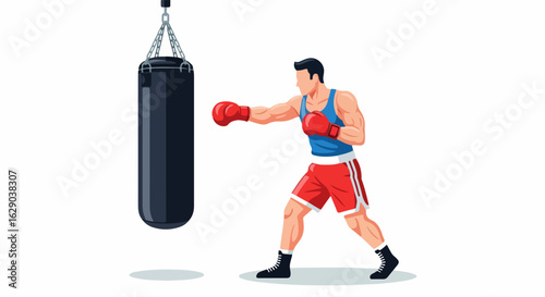 Dynamic boxer trains intensely with heavy punch bag, focusing on powerful strikes for peak performance