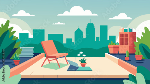 A peaceful outdoor reading nook in a private rooftop garden where one can escape the chaos of the city below..