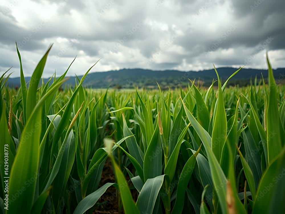 Obraz premium Majestic Green Cornfield Under Overcast Sky with Mountain Horizon