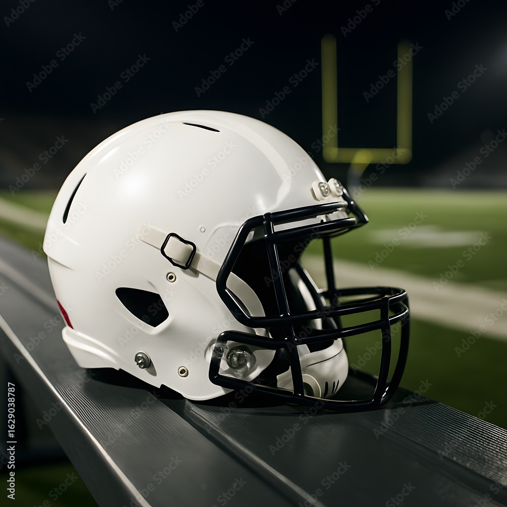 Fototapeta premium White American football helmet resting on a bench with illuminated stadium field in the background at night, symbolizing sports, safety, competition, and team preparation