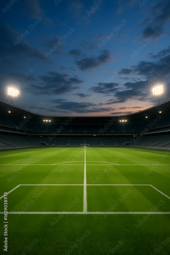 Fototapeta premium Illuminated football stadium at dusk with vibrant green pitch, dramatic sky, and empty stands, capturing the atmosphere of sports, competition, and anticipation before the match