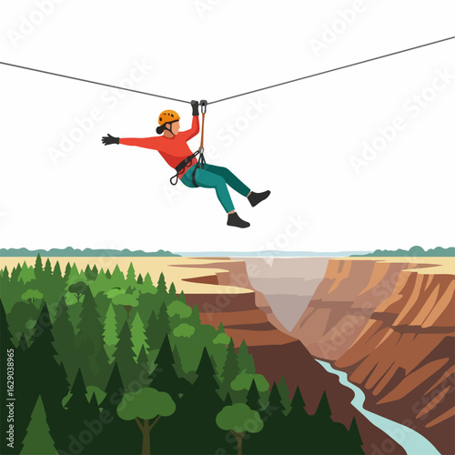 Excited adventurer ziplining across vast canyon landscape, experiencing thrill and freedom