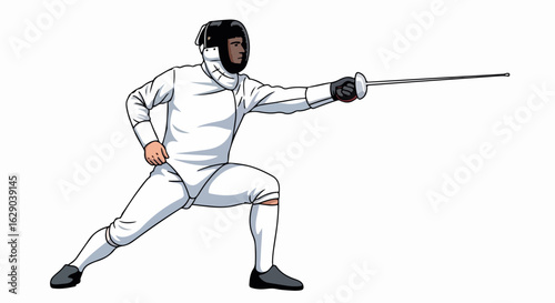 Fencer in protective gear lunges forward with rapier, showcasing athletic stance and competitive spirit.