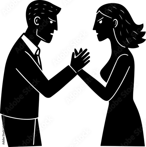Illustration of a man and woman facing each other with hands raised in a confrontational stance or argument