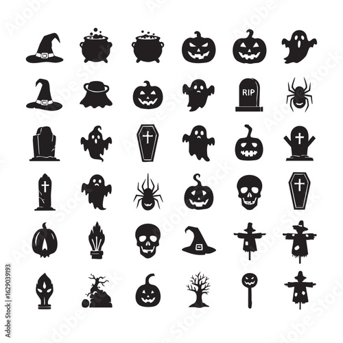 Halloween silhouette vector collection of spooky elements isolated on white background party decoration illustrations