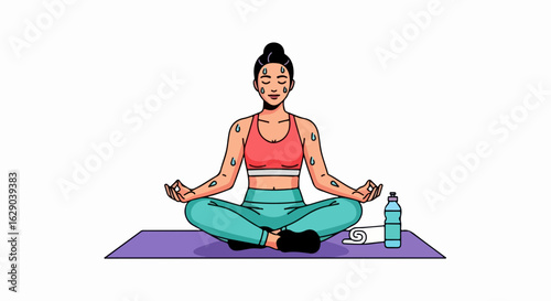 Sweaty woman finds inner peace meditating on yoga mat after intense workout session