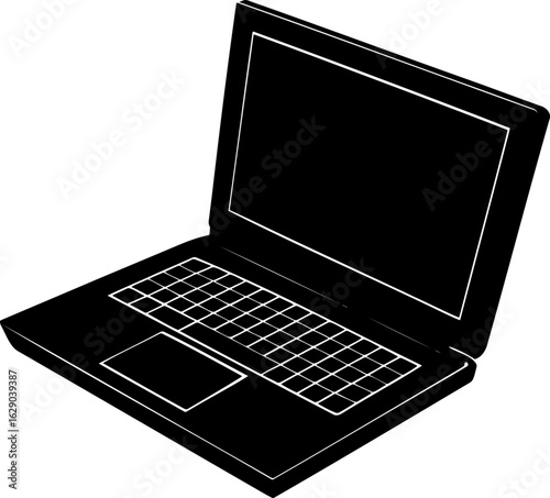 Illustration of a black laptop with a keyboard and trackpad on a white background in monochrome style