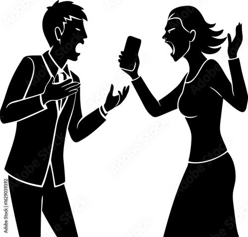 Silhouette illustration of a couple arguing with the woman holding a phone and both yelling angrily at each other