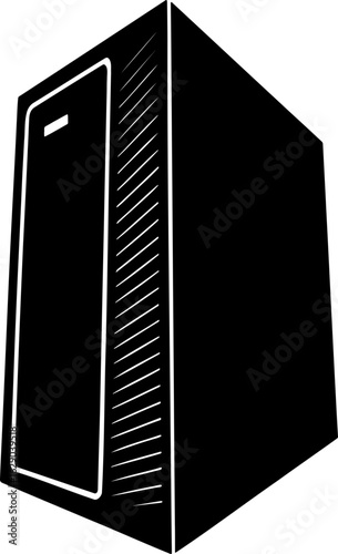 Illustration of a black computer tower with a white outline and side ventilation design element present
