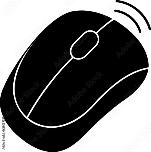 Illustration of a wireless computer mouse in black with visible signal waves on the right side showing