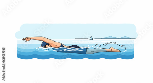 Athlete powerfully swims freestyle stroke across shimmering water, striving for peak performance and victory.