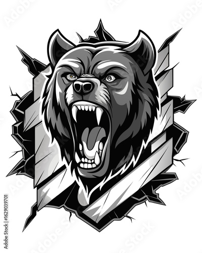 Ferocious bear roaring aggressively, breaking through a cracked wall, animalistic power, bold emblem