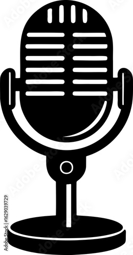 Illustration of a classic microphone with horizontal lines and stand in black and white color