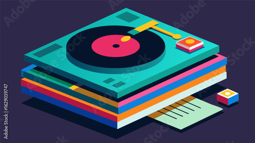A colorful instruction manual lays atop a pile of sleek black components ready to be assembled into a personalized record player. Vector illustration