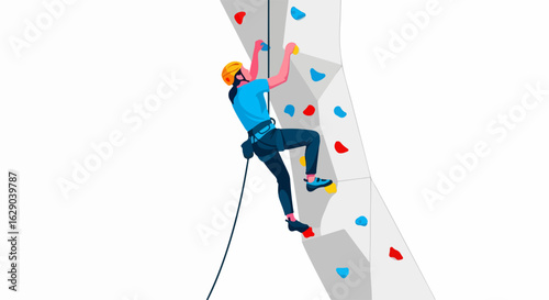 Determined woman ascends challenging climbing wall, reaching for new heights with focus and strength.