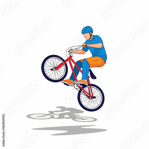 Dynamic cyclist performs thrilling wheelie trick, showcasing extreme sports skill and balance