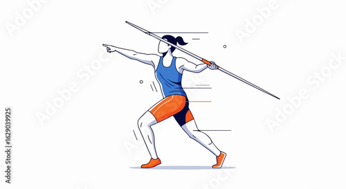 Dynamic female athlete powerfully throws javelin, focusing on strength and athletic performance during competition