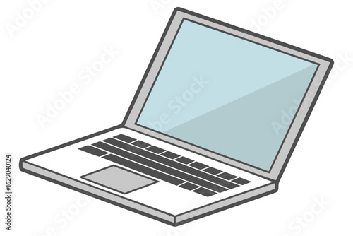 Open laptop with light blue screen and gray touchpad on white background computer technology