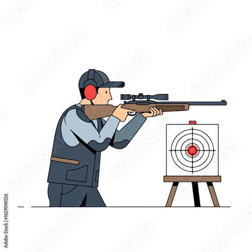 Focused marksman aiming rifle at target with precision, practicing shooting sports skill