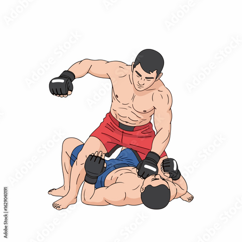 Dynamic MMA fighters grappling intensely in a competitive martial arts match