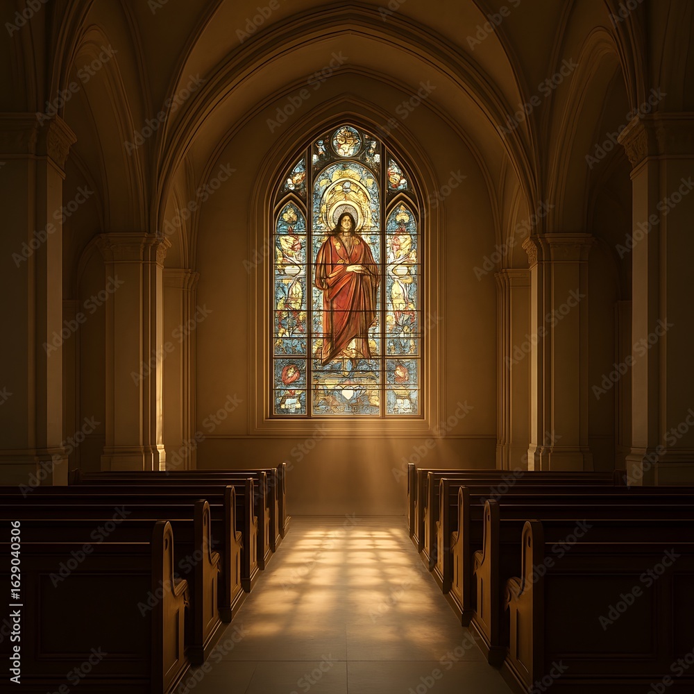 Fototapeta premium Peaceful interior of a historic church with sunlight streaming through a large stained glass window depicting Jesus, creating a serene atmosphere of faith, spirituality, and sacred architecture