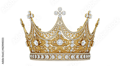 3d illustration of a luxurious golden crown adorned with numerous diamonds, isolated on a transparent background