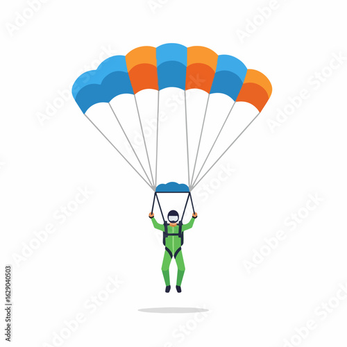 Skydiver gracefully descends under vibrant parachute, embracing freedom and adventure in the sky.