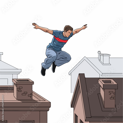 Dynamic young man leaps between rooftops performing daring parkour moves with urban cityscape backdrop.