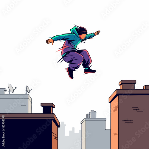 Dynamic urban athlete leaps between city rooftops showcasing extreme parkour skill and vibrant athletic style.