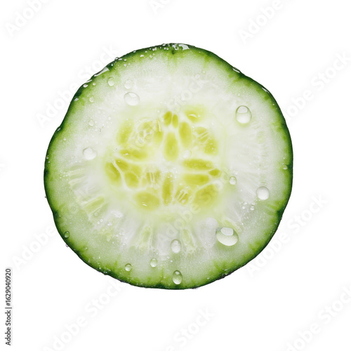 cucumber slice with water droplets on white background.