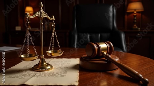 Judge gavel and golden justice scale on desk in courtroom symbolizing law, legal system and judicial authority
