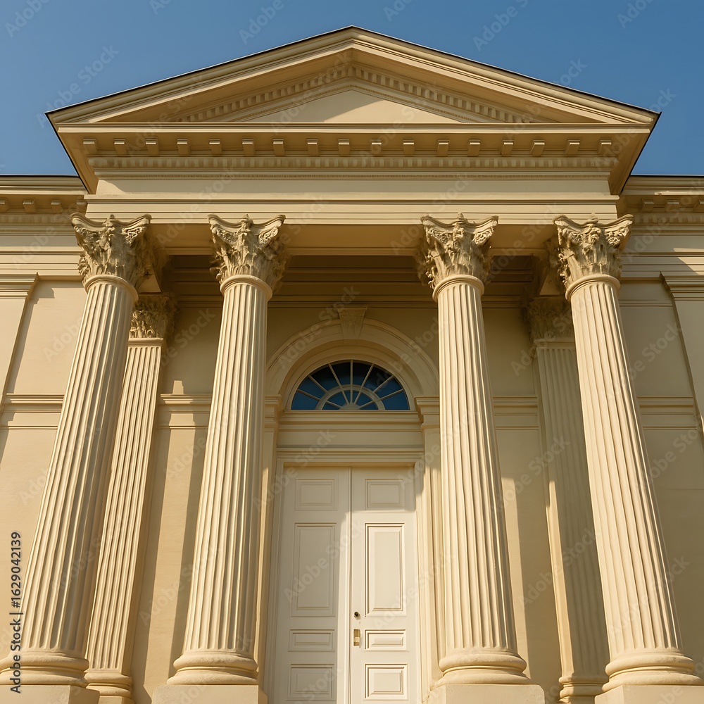 Fototapeta premium Neoclassical building facade featuring grand columns and symmetrical architecture, likely representing a courthouse, government building, or museum, under a clear blue sky.
